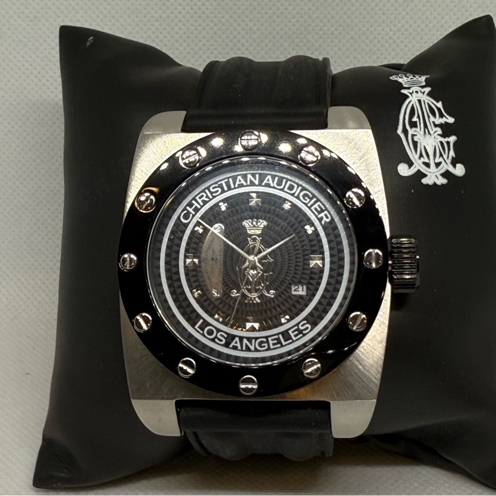 Christian Audigier Black and Silver Timepiece Watch